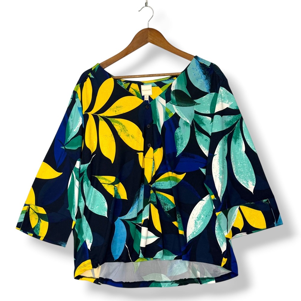 NEW Zac & Rachel Blouse 1X Navy Yellow Tropical Leaf 3/4 Sleeve Resort Plus Boho